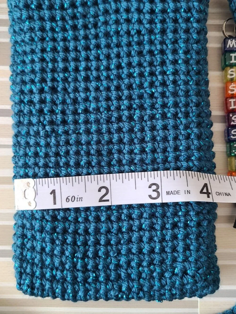 Hand Crochet Cell Phone Case Holder Crossbody Bag with Key Chain Teal Sparkling
